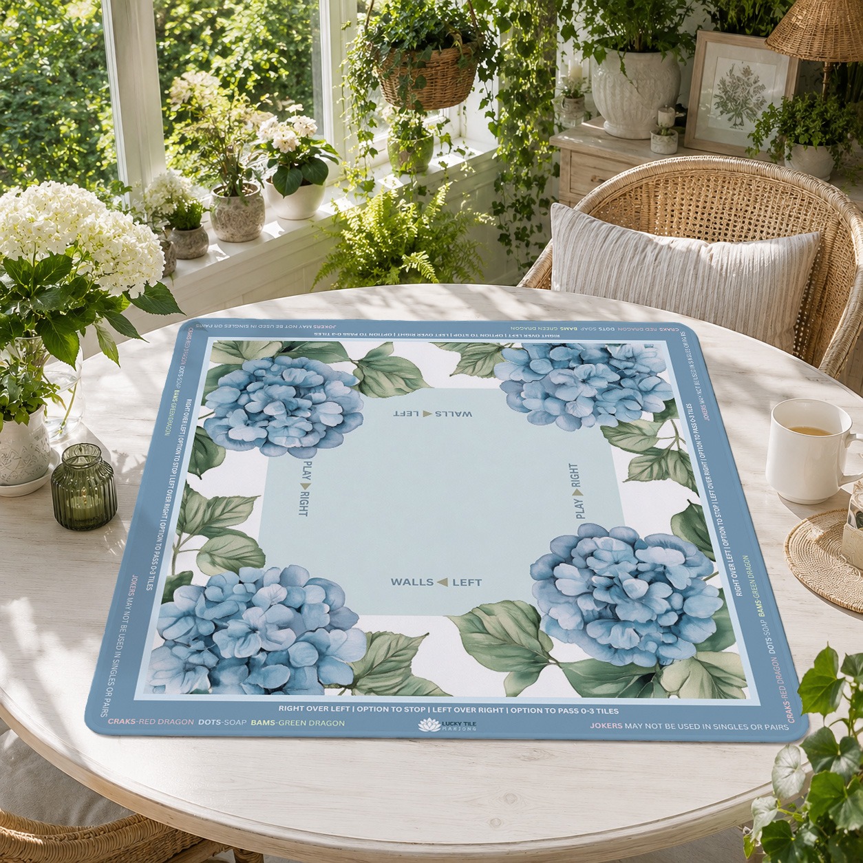 Lucky Tile Mahjong blue hydrangea mat